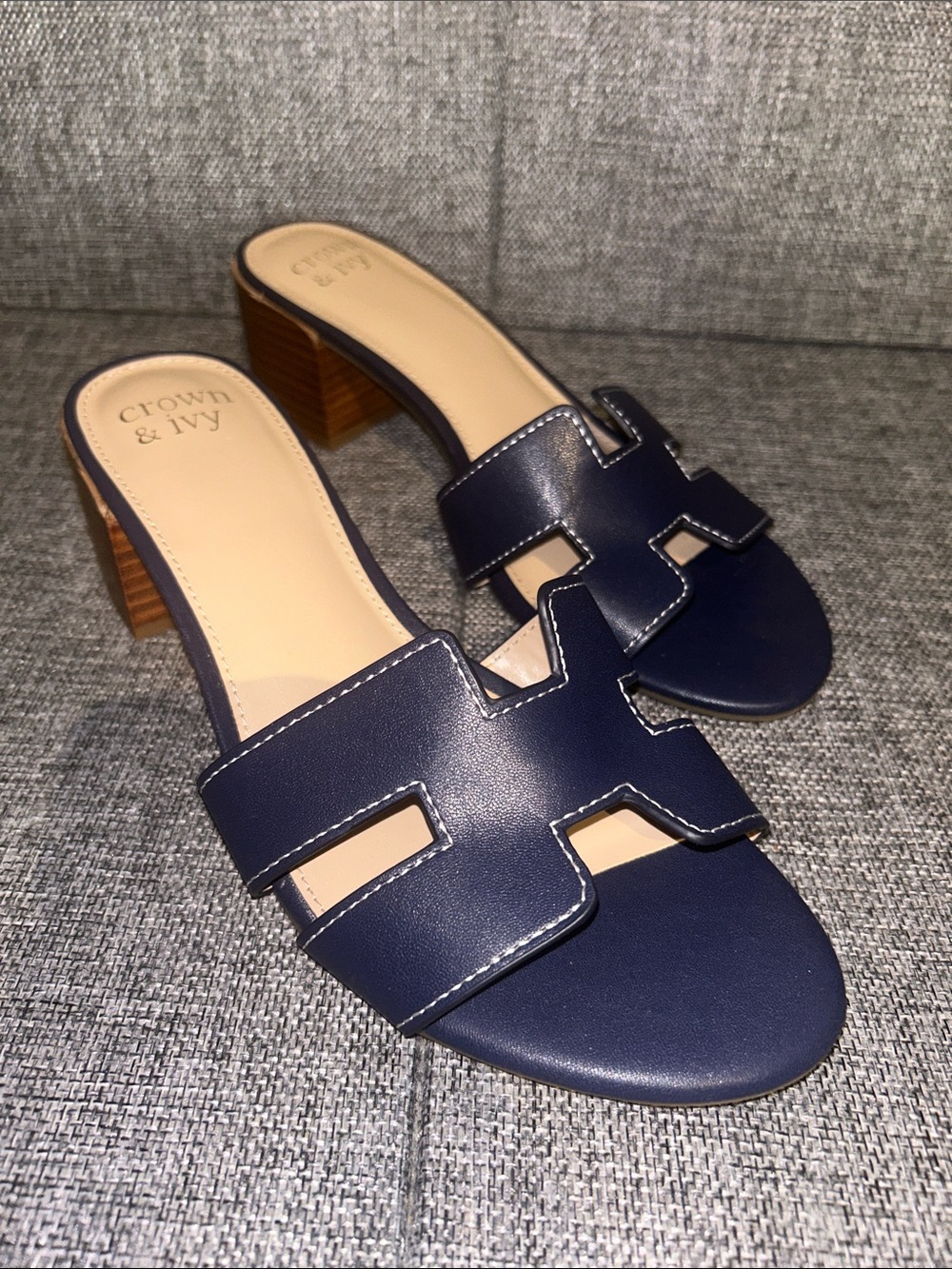 crown & ivy H band - Navy Leather Open-Toe Slide Sandals with Stacked Heel